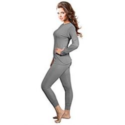 Rocky Womens Thermal 2 Pc Long John Underwear Set Top and Bottom Smooth Knit (Medium, Grey)