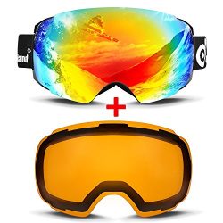 Odoland Magnetic Interchangeable Ski Goggles with 2 Lens, Large Spherical Frameless Snow Goggles ...