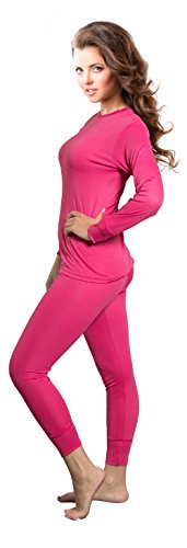 Rocky Womens Thermal 2 Pc Long John Underwear Set Top and Bottom Smooth Knit (Medium, Hot Pink)