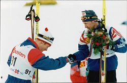 Vintage photo of Ski World Cup in Trondheim. Men's 30 km free style. Bj248;rn D230;hlie con ...