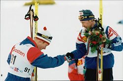 Vintage photo of Ski World Cup in Trondheim. Men's 30 km free style. Bj248;rn D230;hlie con ...