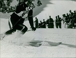 Vintage photo of French skier Marielle Goitschel in a downhill ski event.