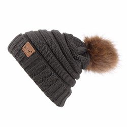 Sothread Womens Winter Slouchy Knit Beanie Chunky Faux Fur Pom Pom Hat Bobble Hat Ski Cap (Gray)